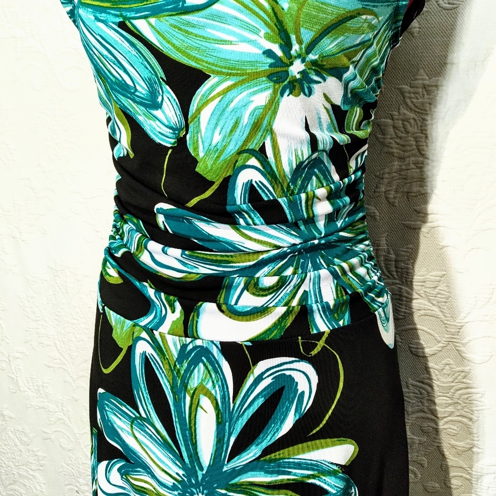 Enfocus Floral Stretchy Fitted Black Blue Midi Dress Size 6 - Picture 5 of 11